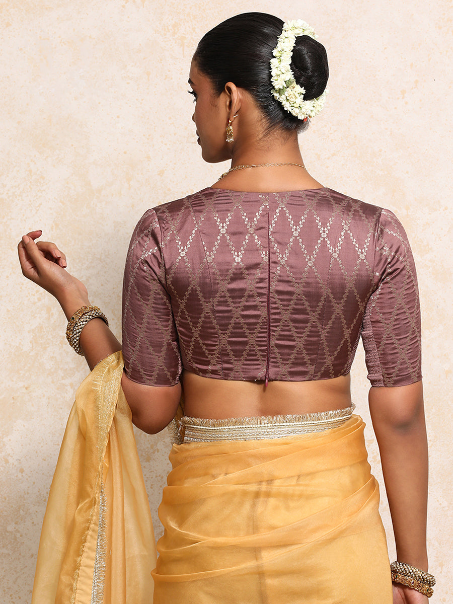 Rubani x Tyohaar Saree Blouse, in Pink Viscose Silk Brocade, featuring elbow sleeves and v-neckline (view 2).