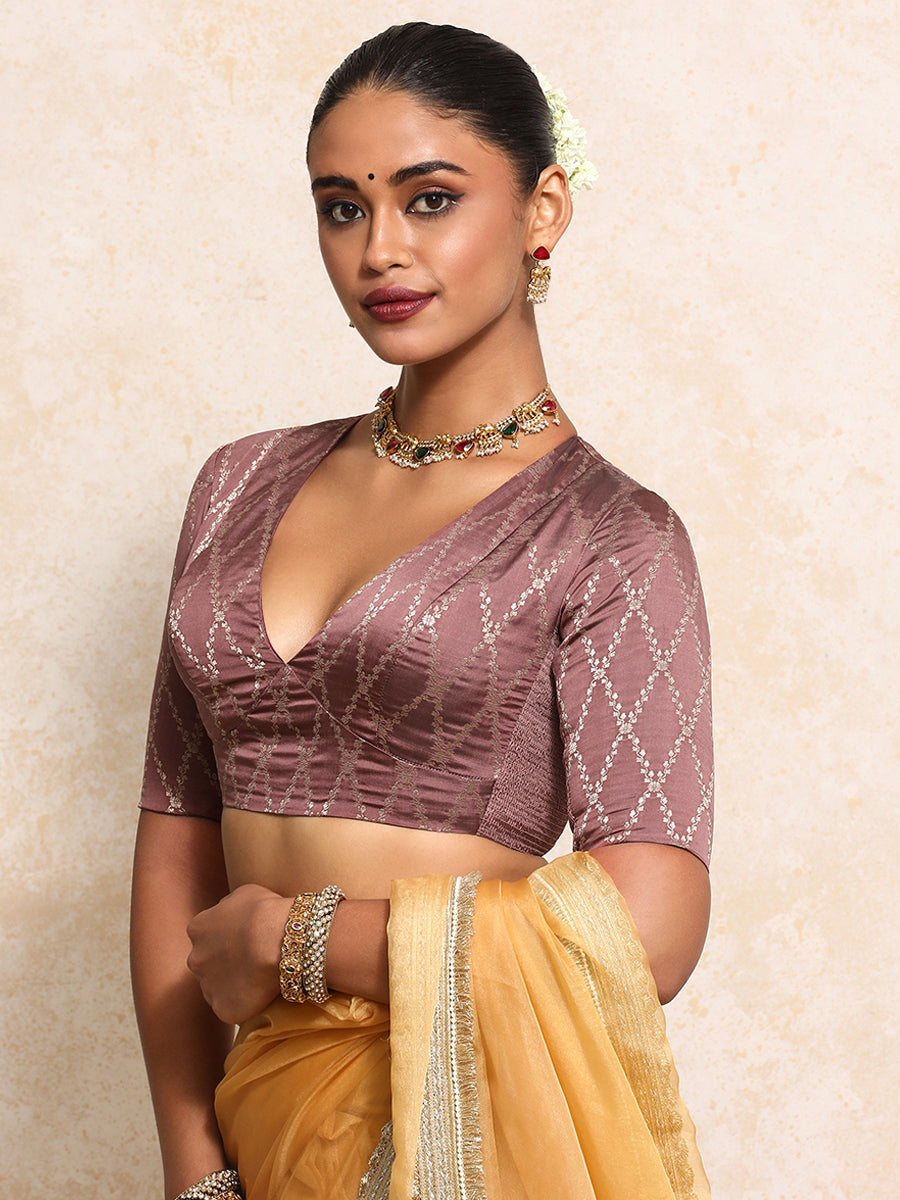 Rubani x Tyohaar Saree Blouse, in Pink Viscose Silk Brocade, featuring elbow sleeves and v-neckline (view 6).