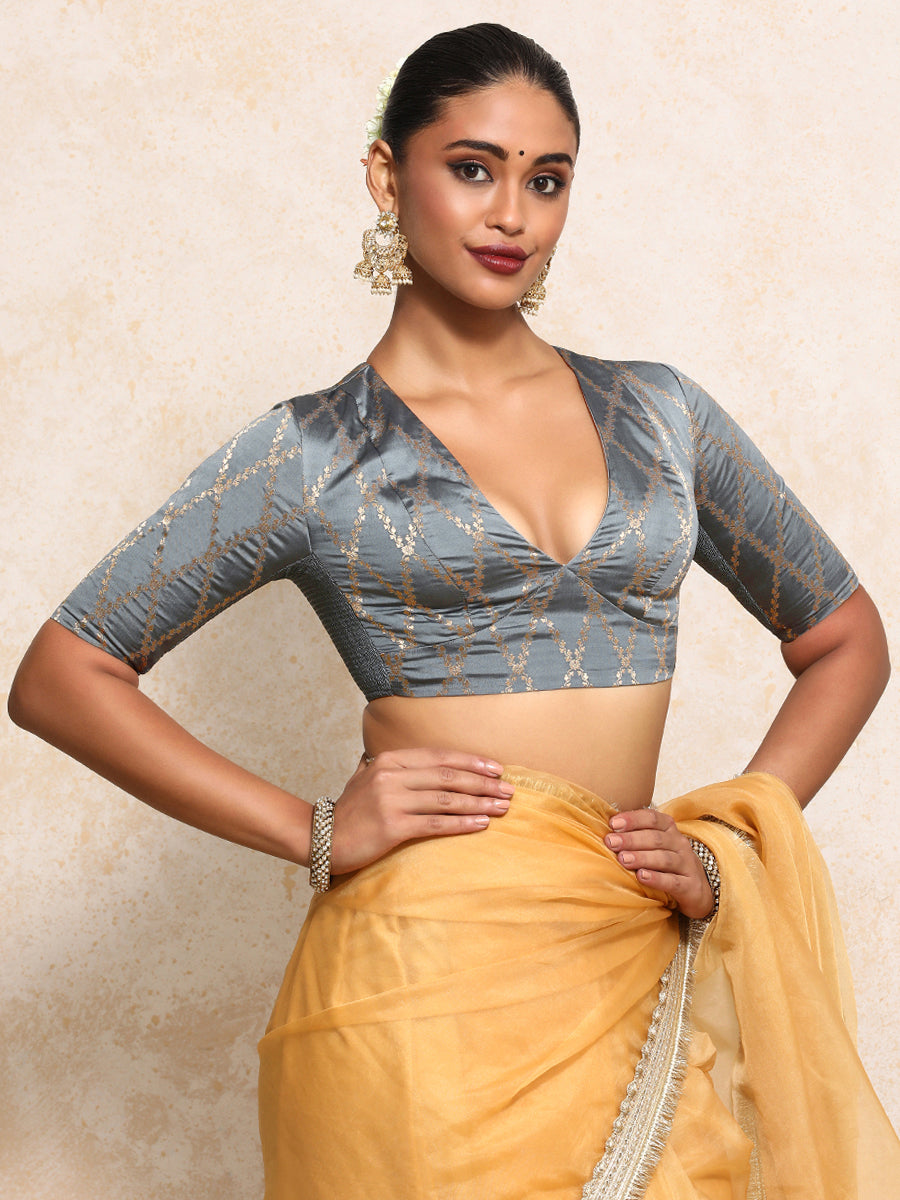 Rubani x Tyohaar Saree Blouse, in Grey Viscose Silk Brocade, featuring elbow sleeves and v-neckline (view 4).