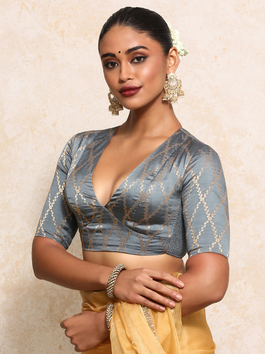 Rubani x Tyohaar Saree Blouse, in Grey Viscose Silk Brocade, featuring elbow sleeves and v-neckline (view 7).