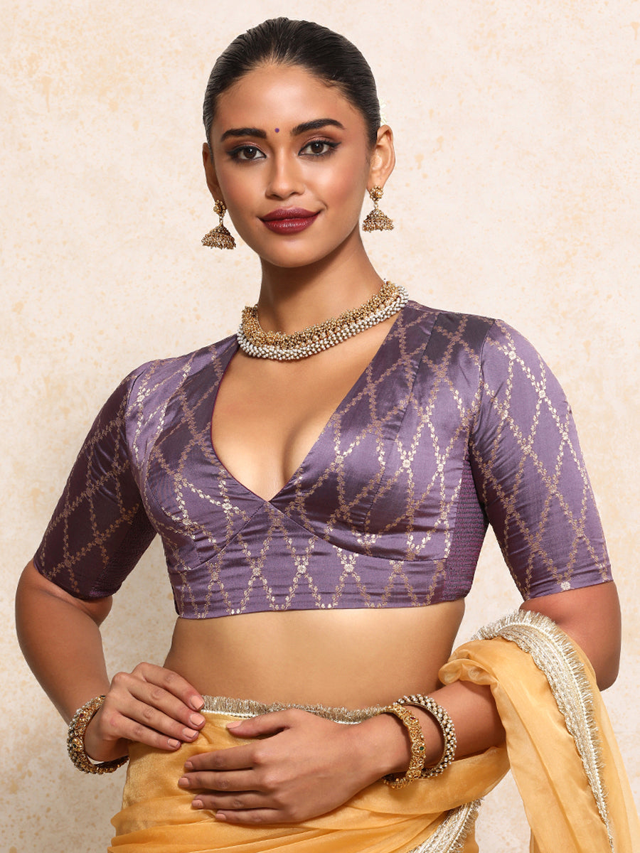 Rubani x Tyohaar Saree Blouse, in Purple Viscose Silk Brocade, featuring elbow sleeves and v-neckline.