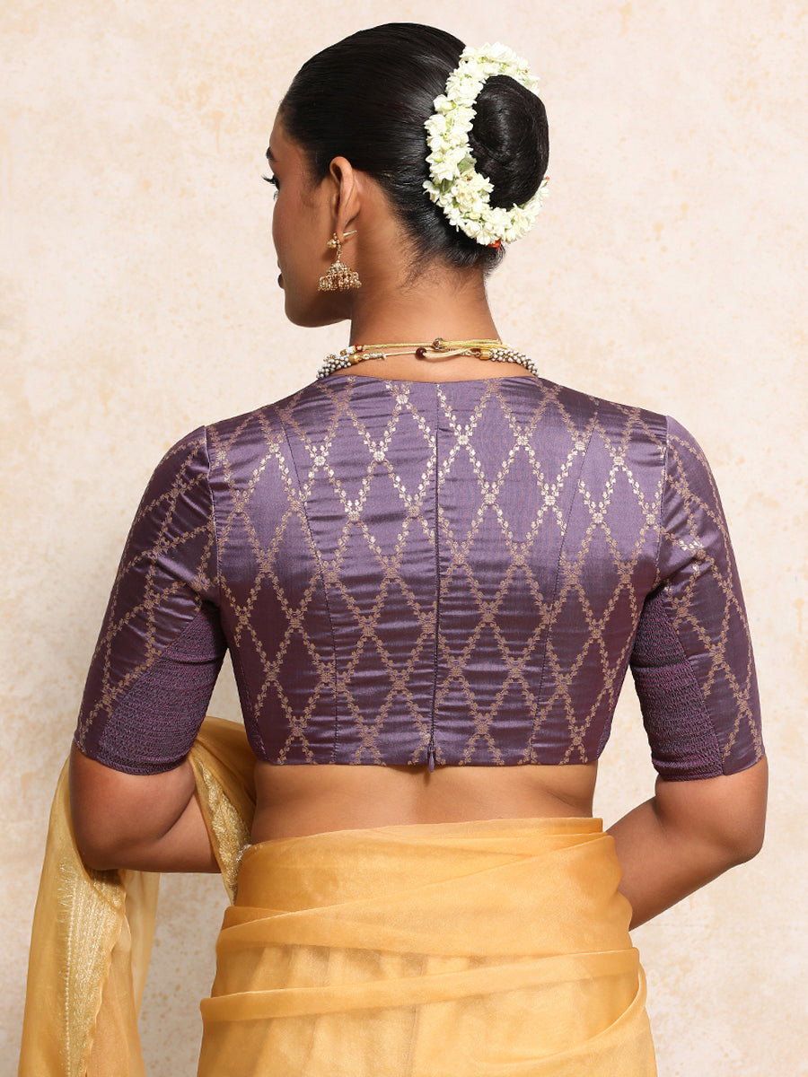 Rubani x Tyohaar Saree Blouse, in Purple Viscose Silk Brocade, featuring elbow sleeves and v-neckline (view 2).