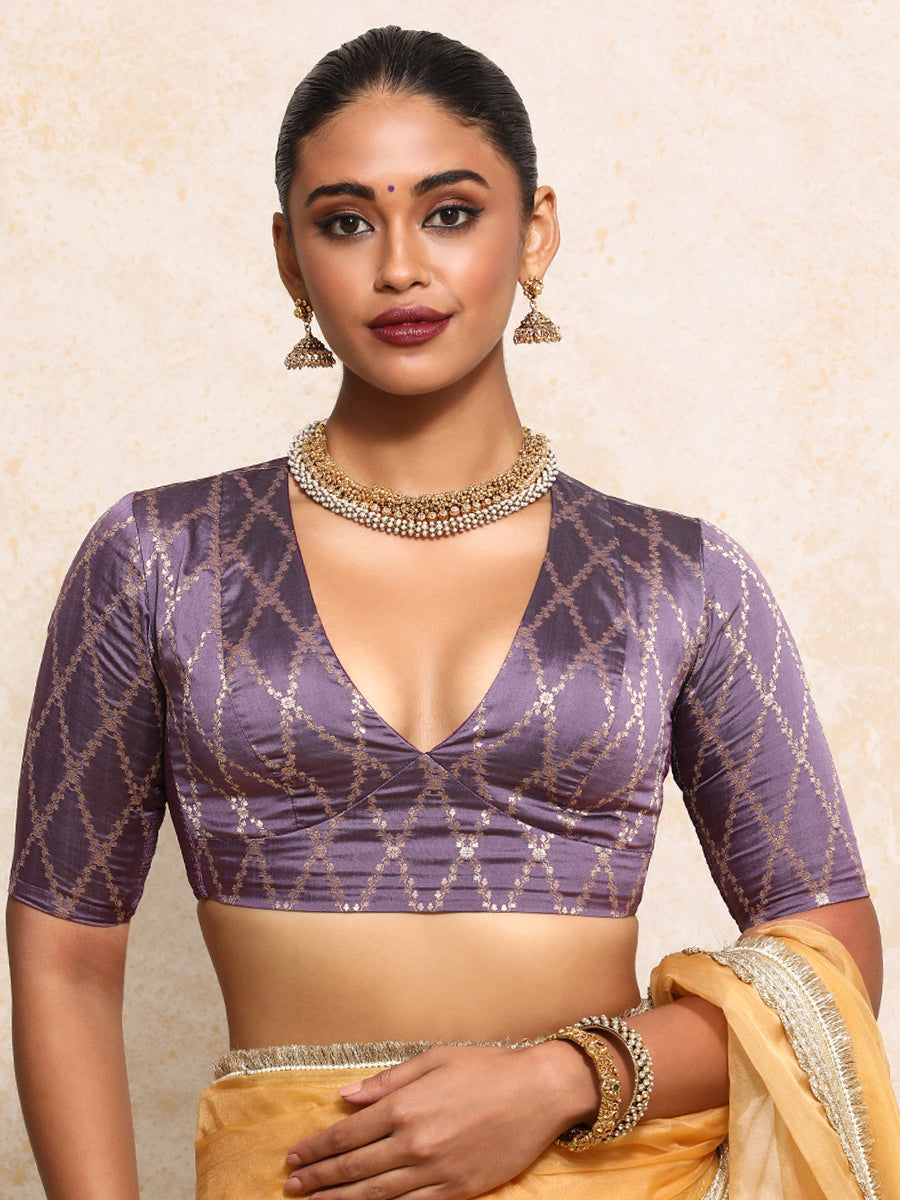 Rubani x Tyohaar Saree Blouse, in Purple Viscose Silk Brocade, featuring elbow sleeves and v-neckline (view 6).