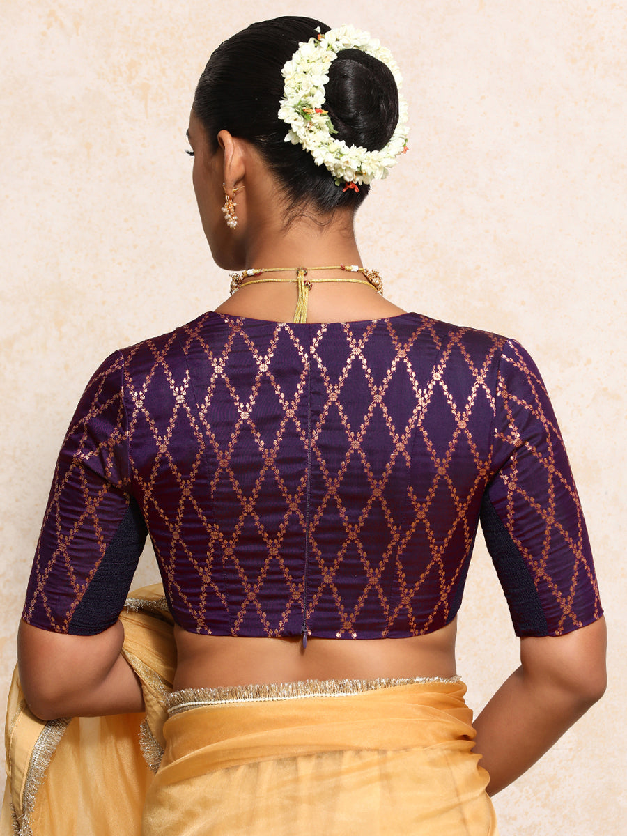 Rubani x Tyohaar Saree Blouse, in Purple Viscose Silk Brocade, featuring elbow sleeves and v-neckline (view 2).