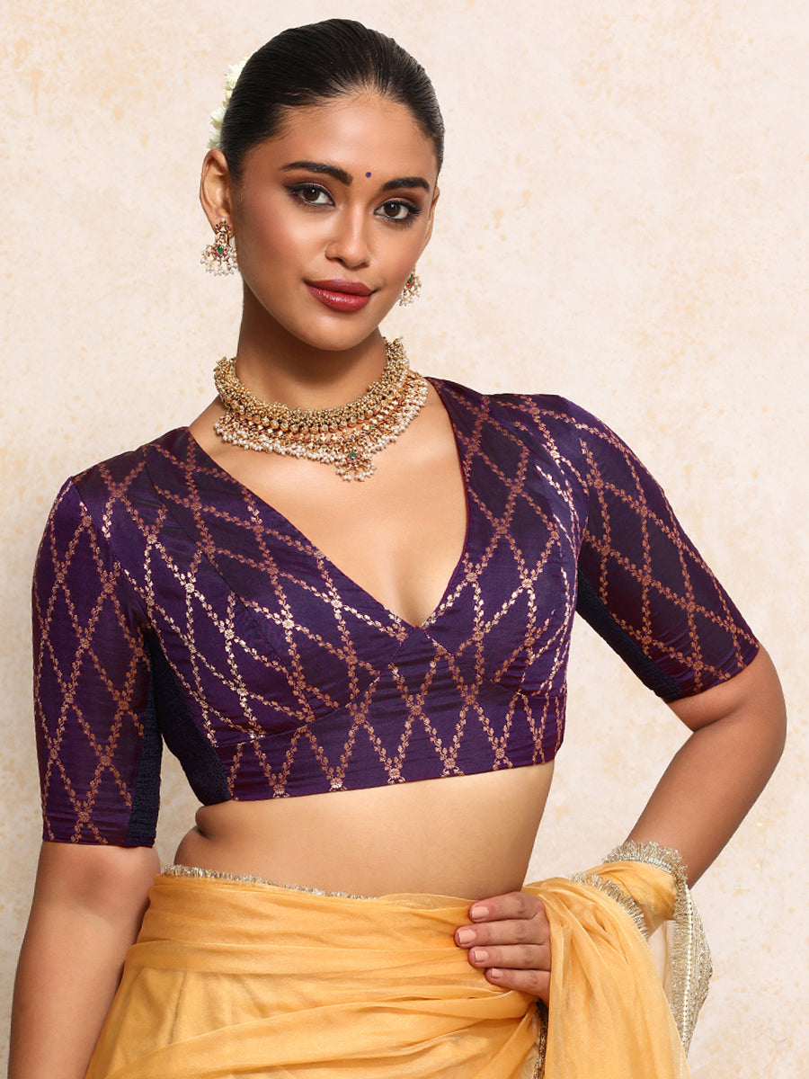 Rubani x Tyohaar Saree Blouse, in Purple Viscose Silk Brocade, featuring elbow sleeves and v-neckline (view 5).