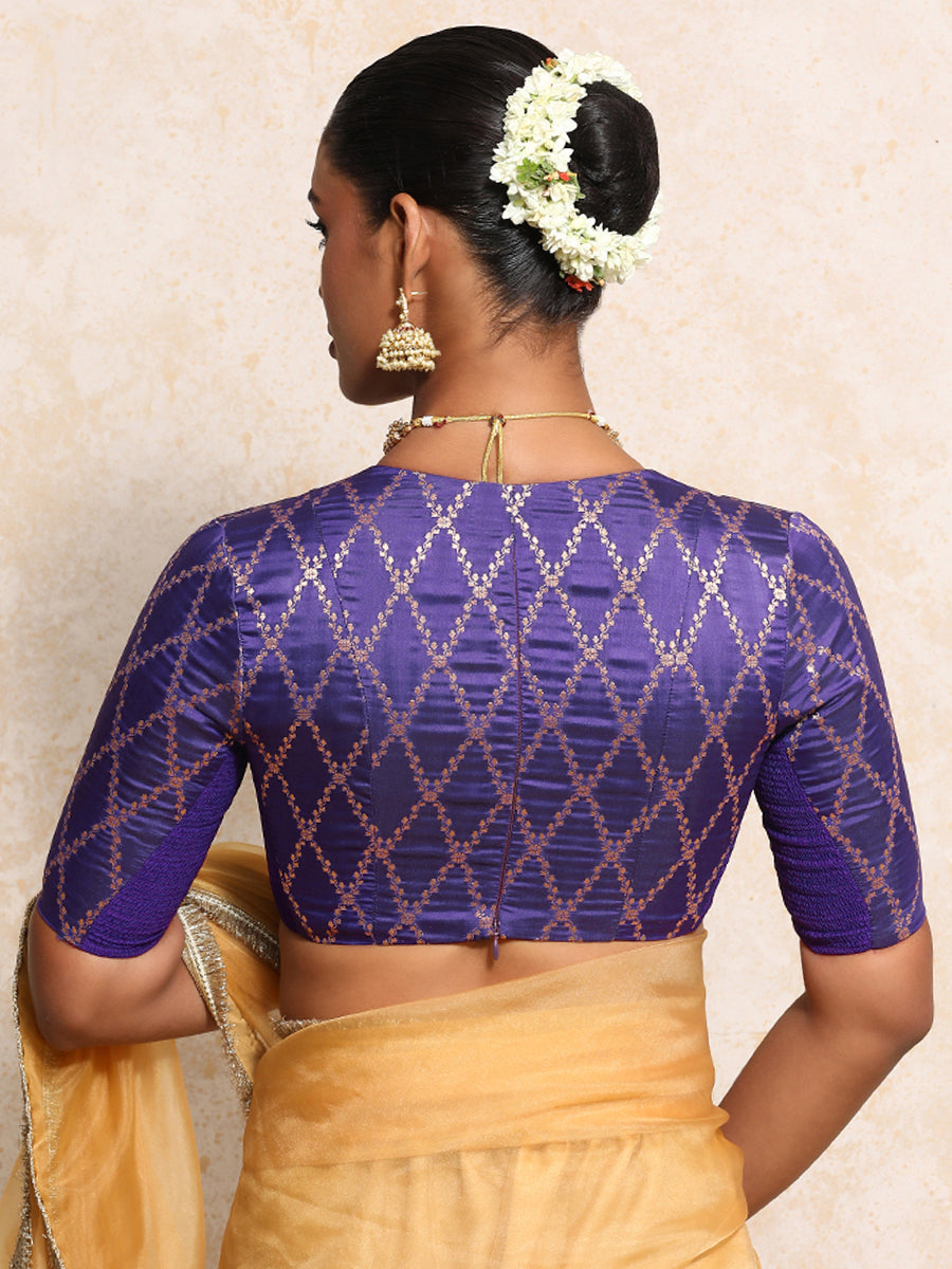 Rubani x Tyohaar Saree Blouse, in Purple Viscose Silk Brocade, featuring elbow sleeves and v-neckline (view 2).