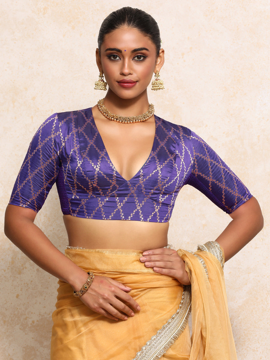 Rubani x Tyohaar Saree Blouse, in Purple Viscose Silk Brocade, featuring elbow sleeves and v-neckline (view 6).