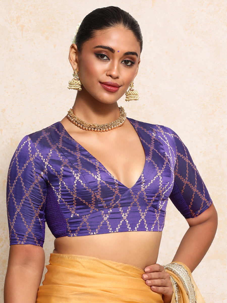 Rubani x Tyohaar Saree Blouse, in Purple Viscose Silk Brocade, featuring elbow sleeves and v-neckline (view 7).