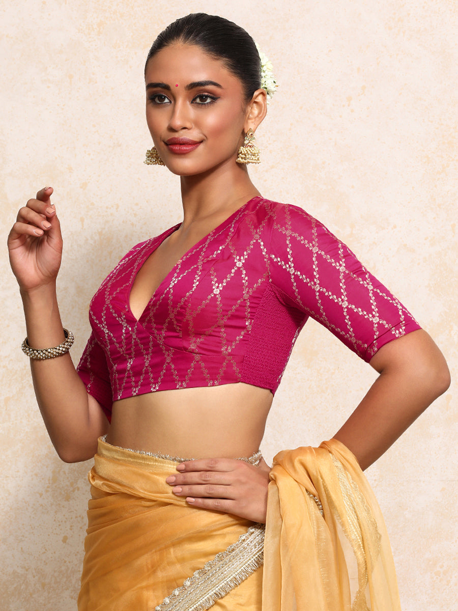 Rubani x Tyohaar Saree Blouse, in Pink Viscose Silk Brocade, featuring elbow sleeves and v-neckline (view 7).