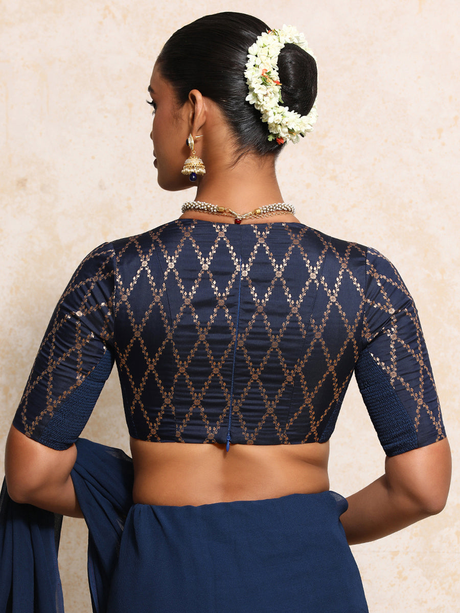 Rubani x Tyohaar Saree Blouse, in Blue Viscose Silk Brocade, featuring elbow sleeves and v-neckline (view 2).
