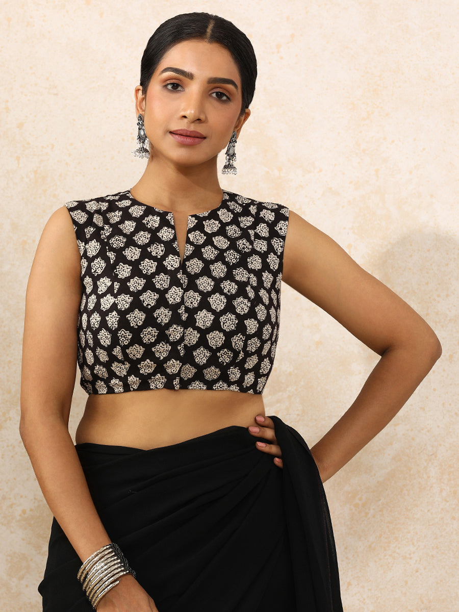 Rupal x Rozaana Saree Blouse, in Black 100% Cotton - Block Printed, featuring sleeveless and jewel neckline (view 5).