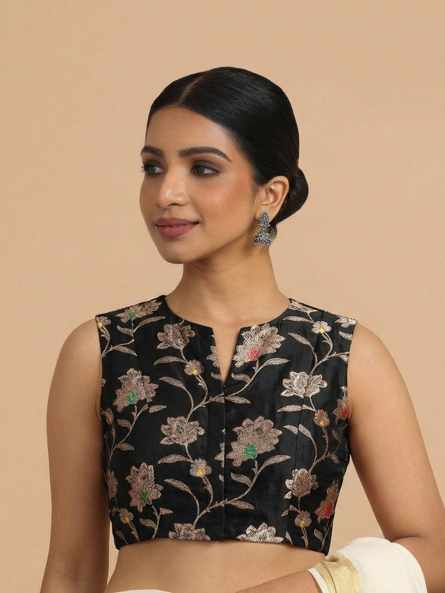 Rupali x Tyohaar Saree Blouse, in Black Meenakari Satin Viscose, featuring sleeveless and jewel neckline.