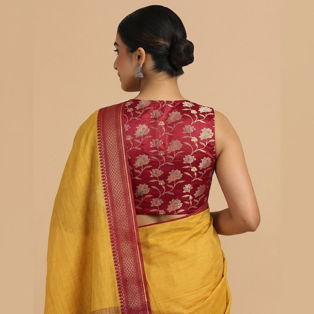Rupali x Tyohaar Saree Blouse, in Red Meenakari Satin Viscose, featuring sleeveless and jewel neckline (view 2).
