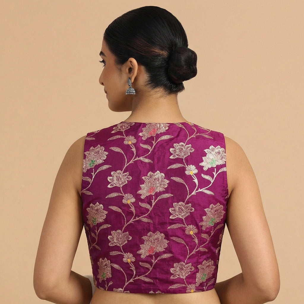 Rupali x Tyohaar Saree Blouse, in Purple Meenakari Satin Viscose, featuring sleeveless and jewel neckline (view 2).