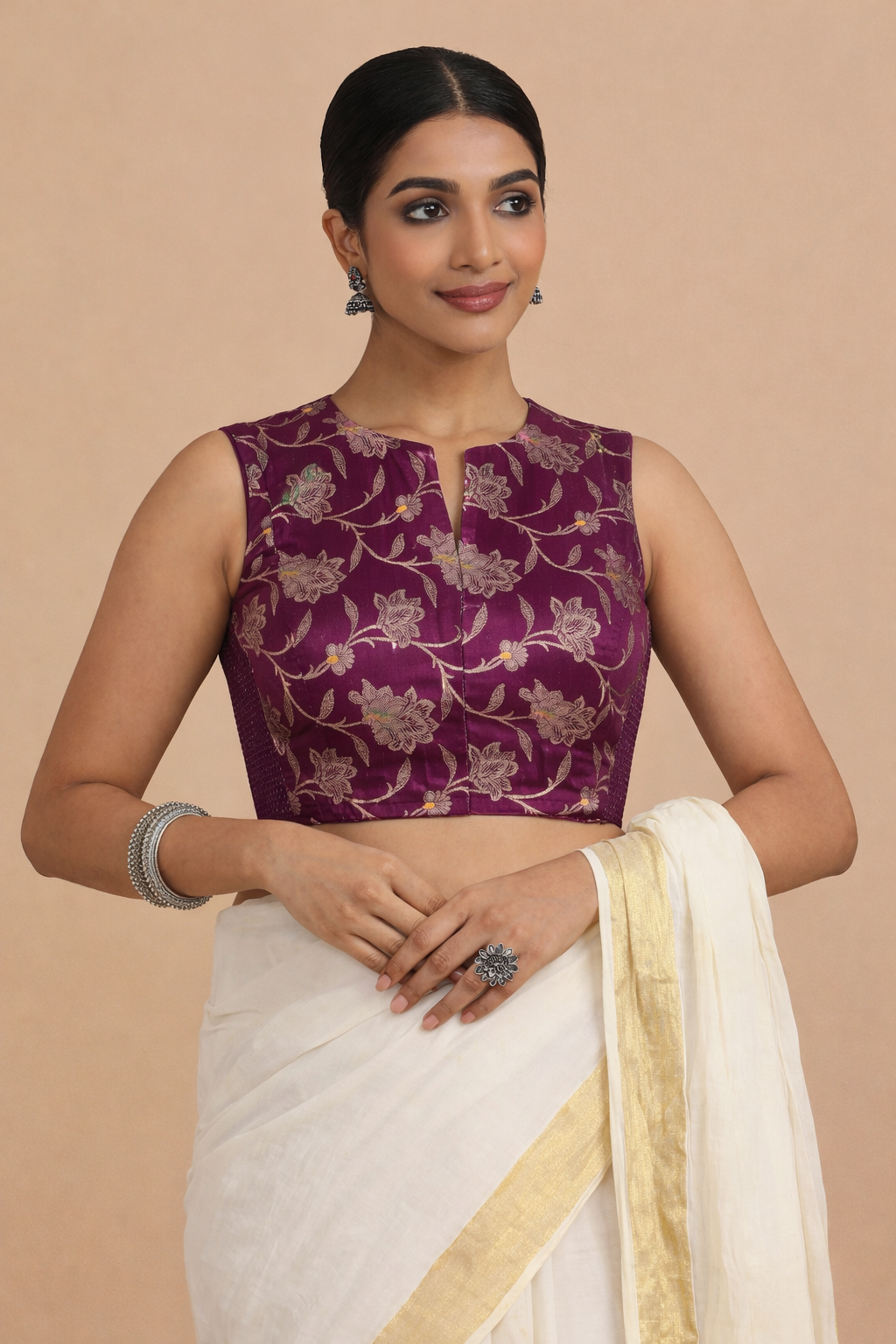 Rupali x Tyohaar Saree Blouse, in Purple Meenakari Satin Viscose, featuring sleeveless and jewel neckline (view 6).