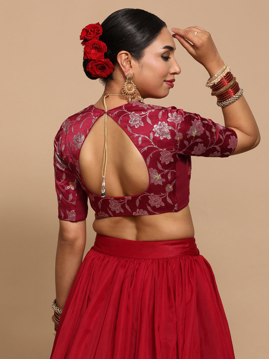 Saanvi x Tyohaar Saree Blouse, in Red Embroidery & Brocade, featuring elbow sleeves and pot neckline (view 2).