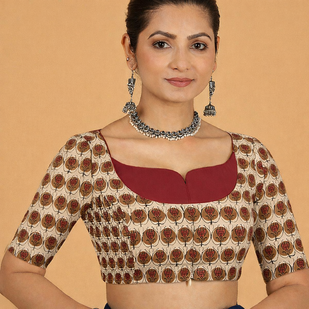 Saaya x Rozaana Saree Blouse, in Cream 100% Cotton - Block Printed, featuring elbow sleeves and stylised neckline.