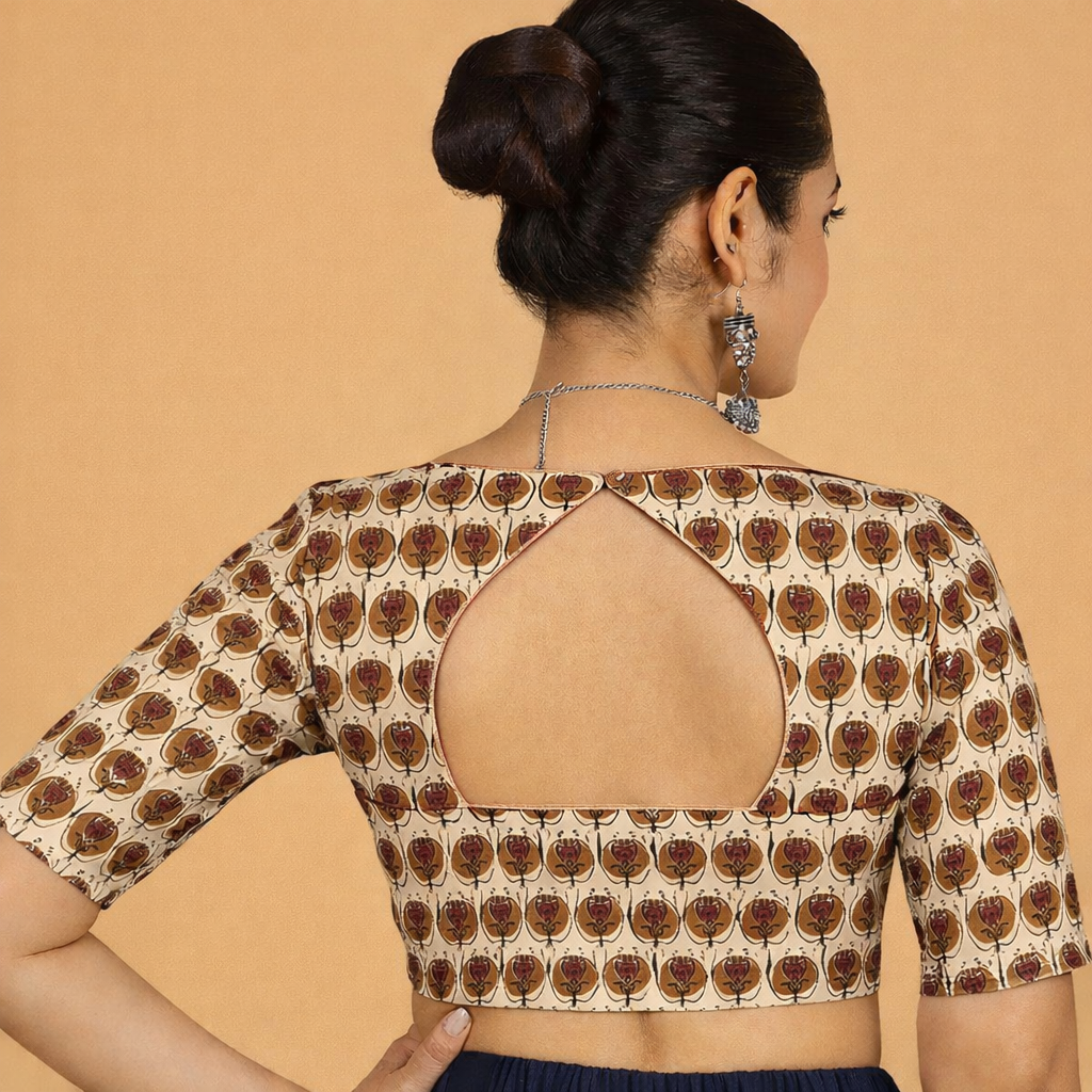 Saaya x Rozaana Saree Blouse, in Cream 100% Cotton - Block Printed, featuring elbow sleeves and stylised neckline (view 2).