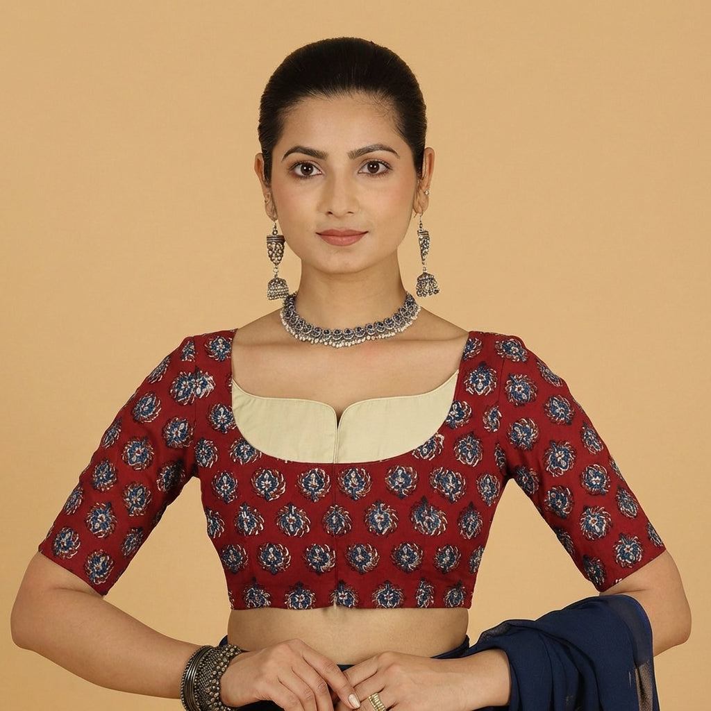 Saaya x Rozaana Saree Blouse, in Red 100% Cotton - Block Printed, featuring elbow sleeves and stylised neckline.
