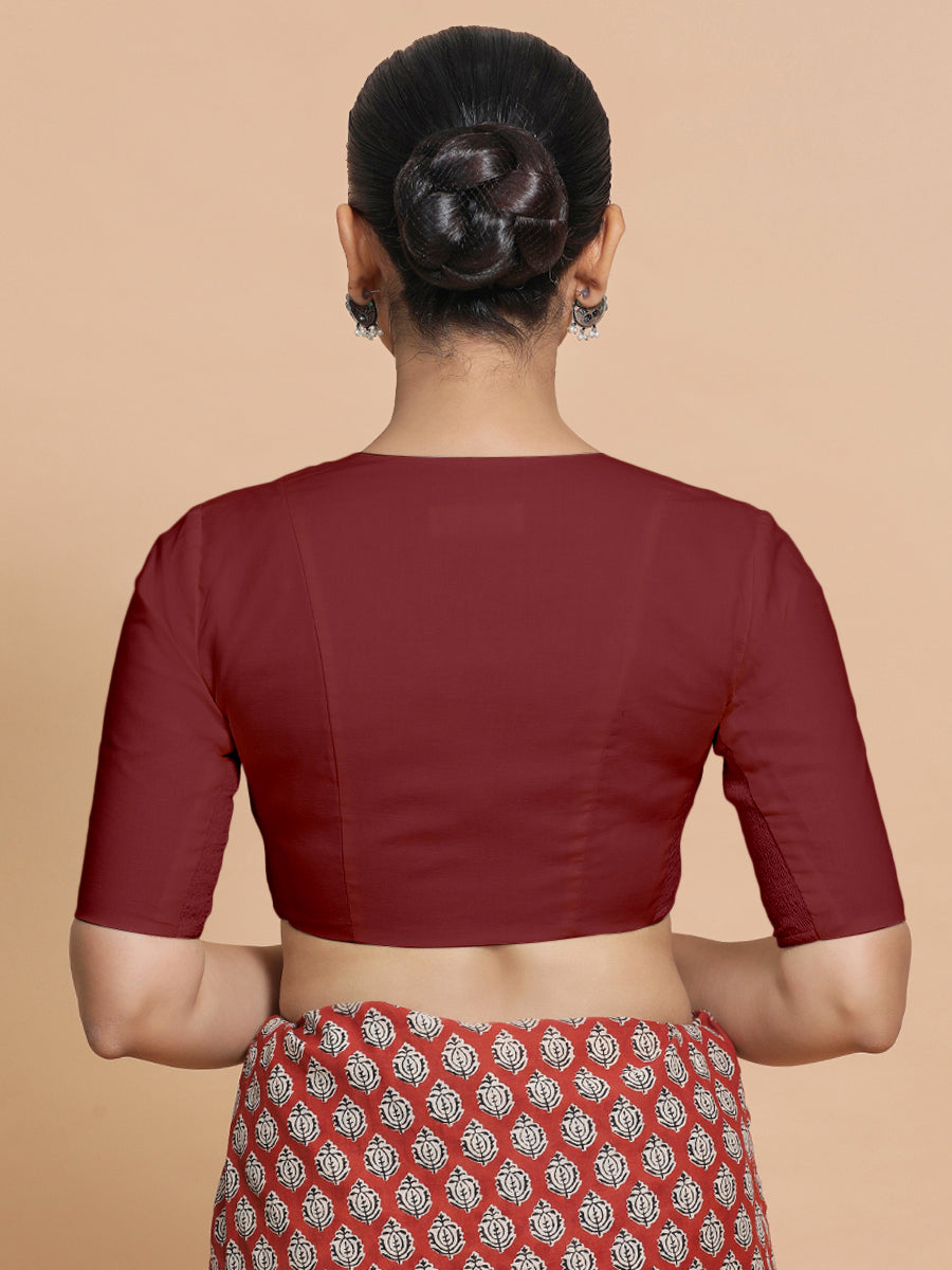 Sadia x Rozaana Saree Blouse, in Red Linen, featuring elbow sleeves and round neckline, made for daily & work (view 2).
