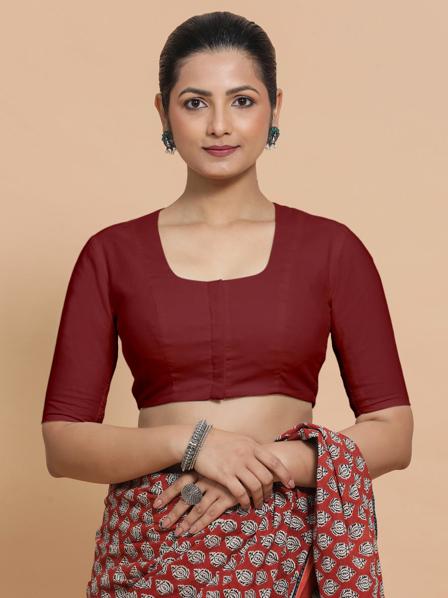 Sadia x Rozaana Saree Blouse, in Red Linen, featuring elbow sleeves and round neckline, made for daily & work (view 7).