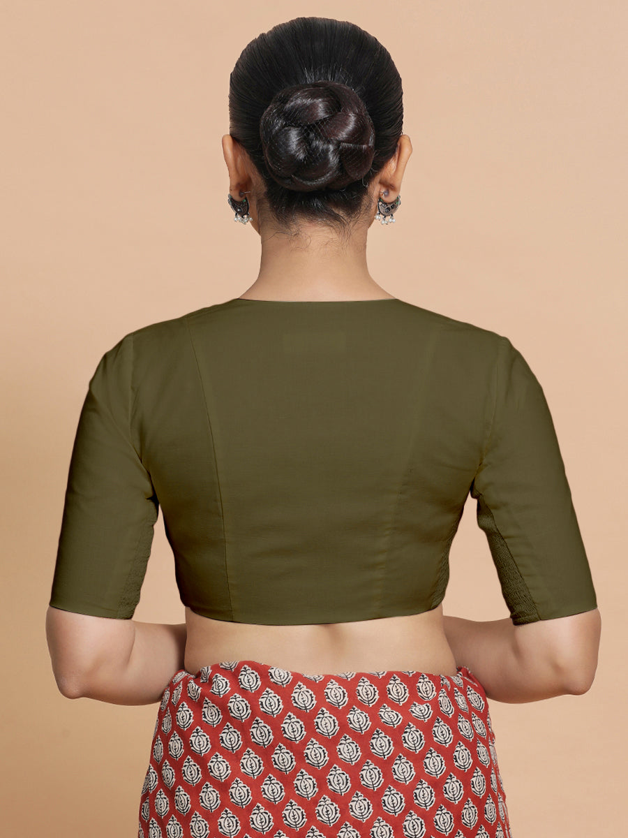 Sadia x Rozaana Saree Blouse, in Green Linen, featuring elbow sleeves and round neckline, made for daily & work (view 2).
