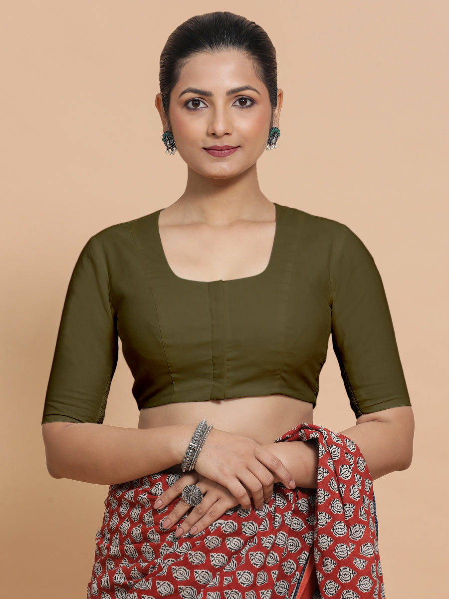 Sadia x Rozaana Saree Blouse, in Green Linen, featuring elbow sleeves and round neckline, made for daily & work (view 7).