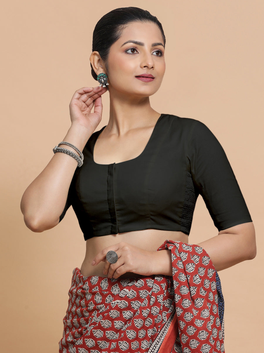 Sadia x Rozaana Saree Blouse, in Black Linen, featuring elbow sleeves and round neckline, made for daily & work.