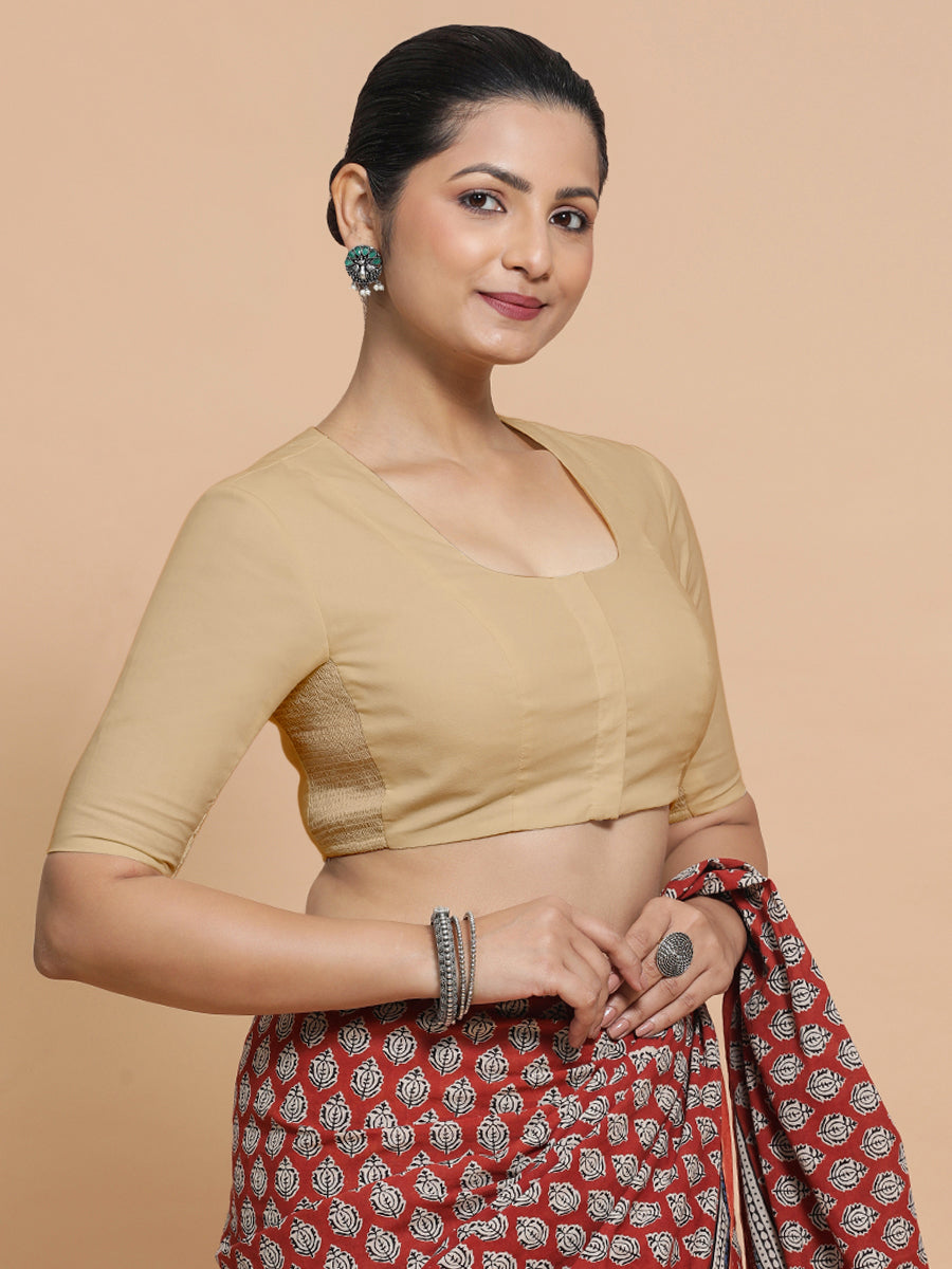 Sadia x Rozaana Saree Blouse, in Beige Linen, featuring elbow sleeves and round neckline, made for daily & work (view 6).