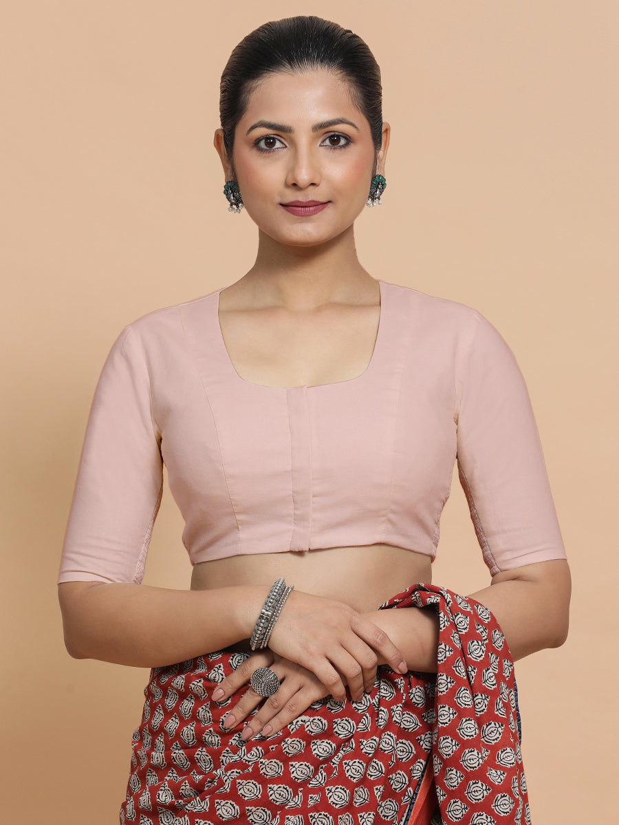 Sadia x Rozaana Saree Blouse, in Pink Linen, featuring elbow sleeves and round neckline, made for daily & work.