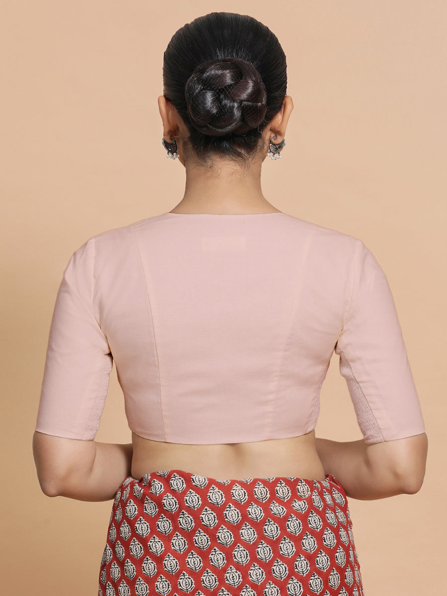 Sadia x Rozaana Saree Blouse, in Pink Linen, featuring elbow sleeves and round neckline, made for daily & work (view 2).