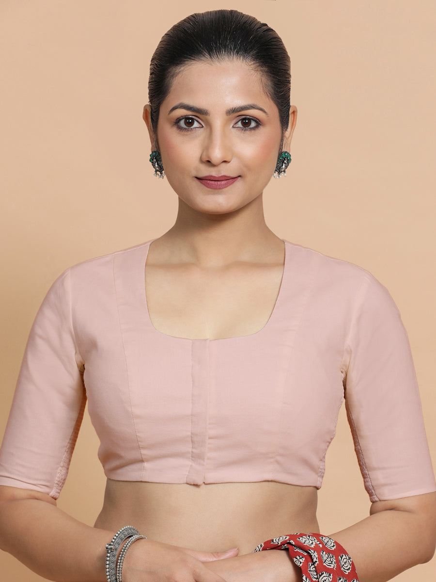 Sadia x Rozaana Saree Blouse, in Pink Linen, featuring elbow sleeves and round neckline, made for daily & work (view 5).