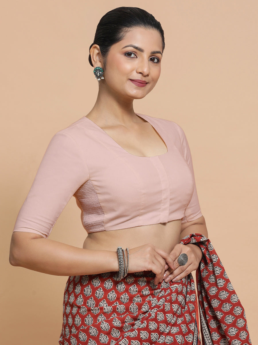 Sadia x Rozaana Saree Blouse, in Pink Linen, featuring elbow sleeves and round neckline, made for daily & work (view 6).