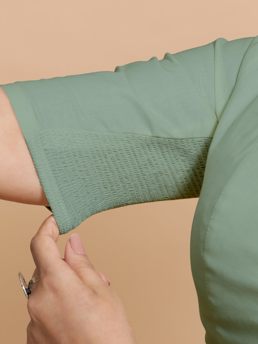 Sadia x Rozaana Saree Blouse, in Green Linen, featuring elbow sleeves and round neckline, made for daily & work (view 4).