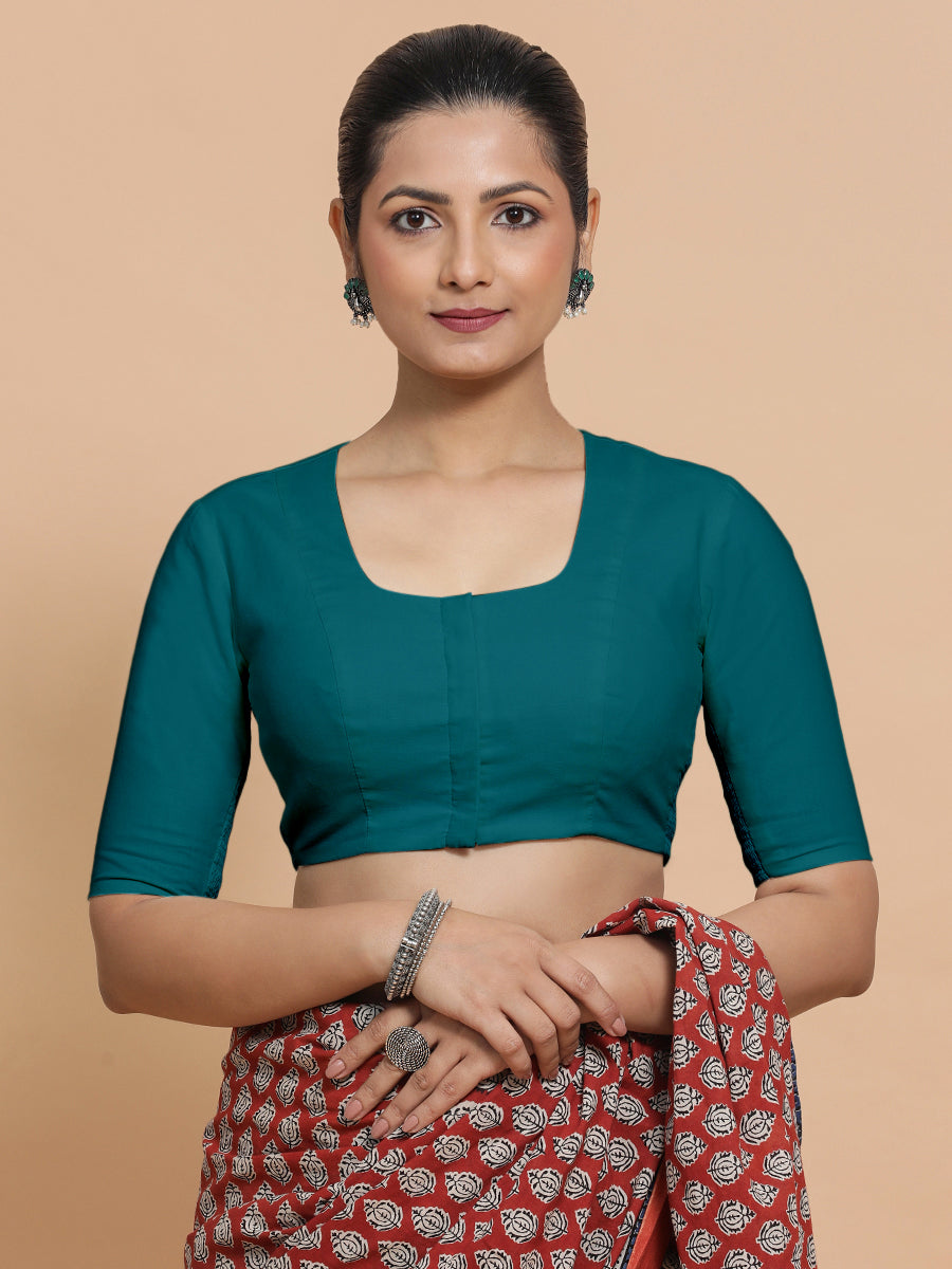 Sadia x Rozaana Saree Blouse, in Blue Linen, featuring elbow sleeves and round neckline, made for daily & work (view 6).