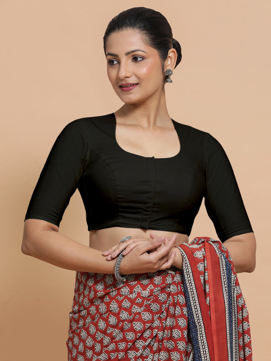Sajal x Rozaana Saree Blouse, in Black Cotton, featuring elbow sleeves and pot neckline, made for daily & work (view 5).