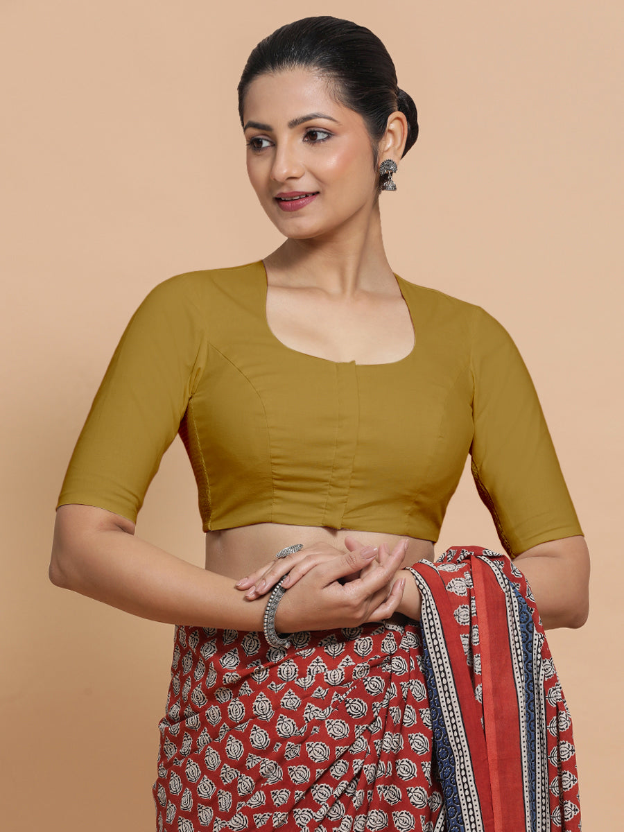 Sajal x Rozaana Saree Blouse, in Beige Cotton, featuring elbow sleeves and pot neckline, made for daily & work (view 5).