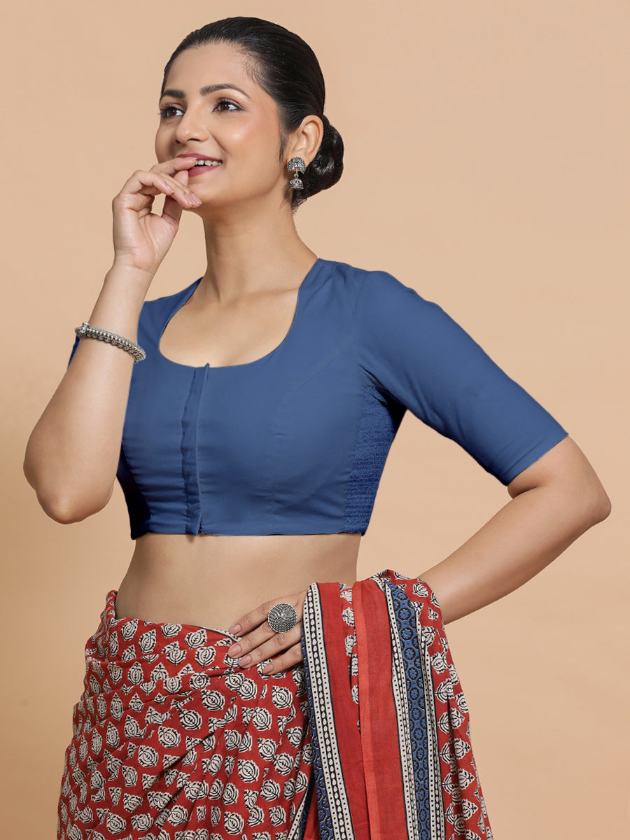 Sajal x Rozaana Saree Blouse, in Blue 100% Cotton - Solid, featuring elbow sleeves and pot neckline, made for daily & work.