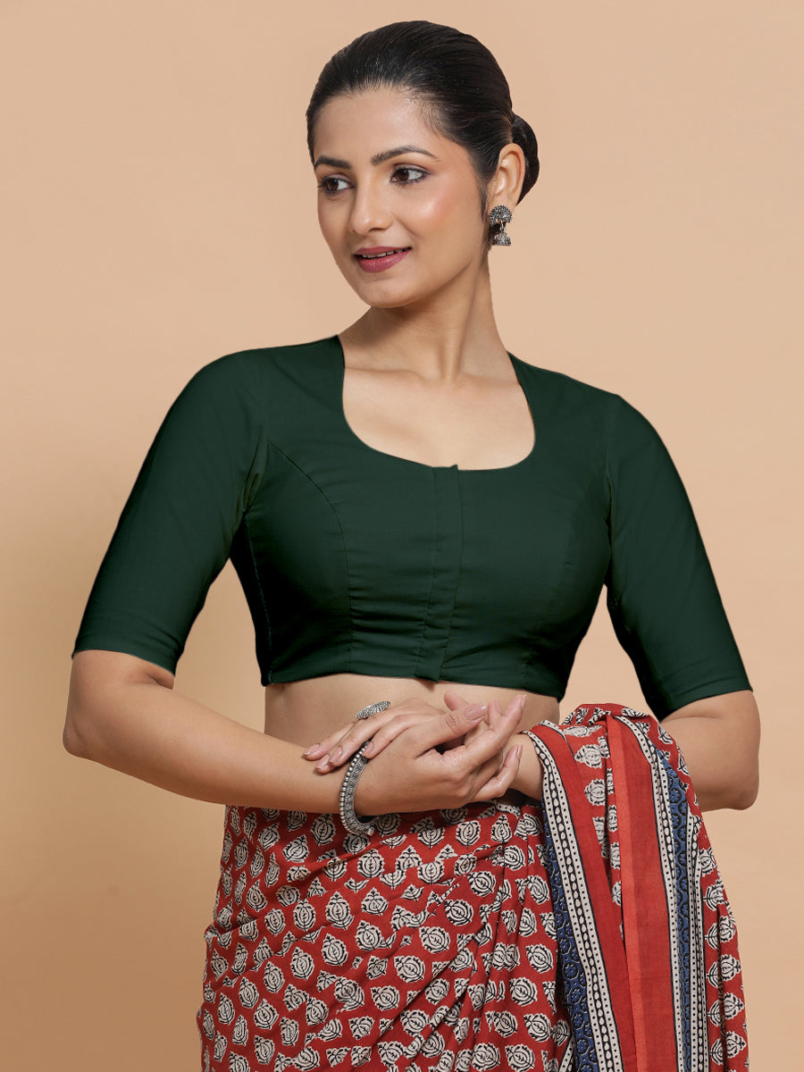 Sajal x Rozaana Saree Blouse, in Green Cotton, featuring elbow sleeves and pot neckline, made for daily & work (view 5).