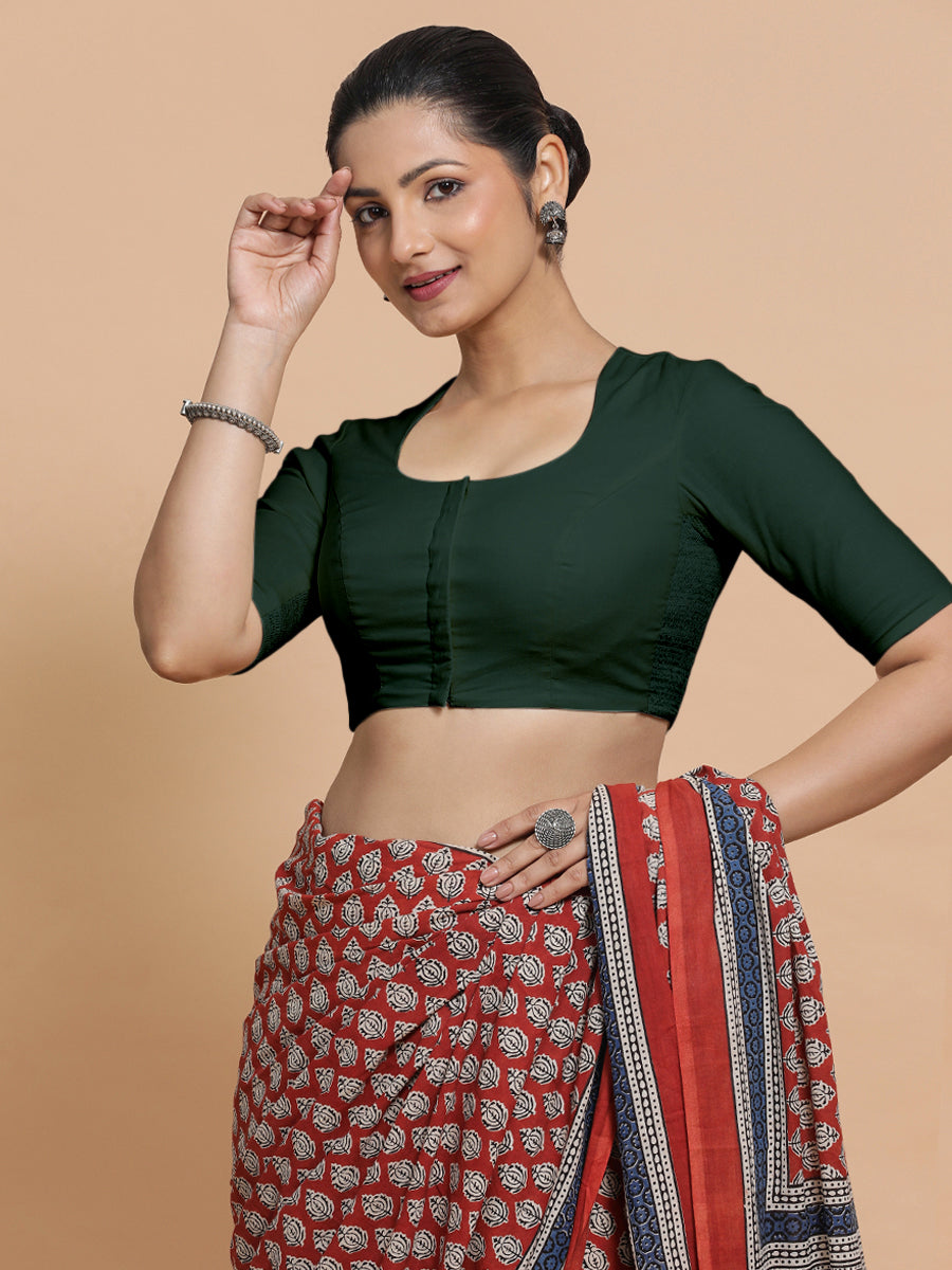 Sajal x Rozaana Saree Blouse, in Green Cotton, featuring elbow sleeves and pot neckline, made for daily & work (view 6).