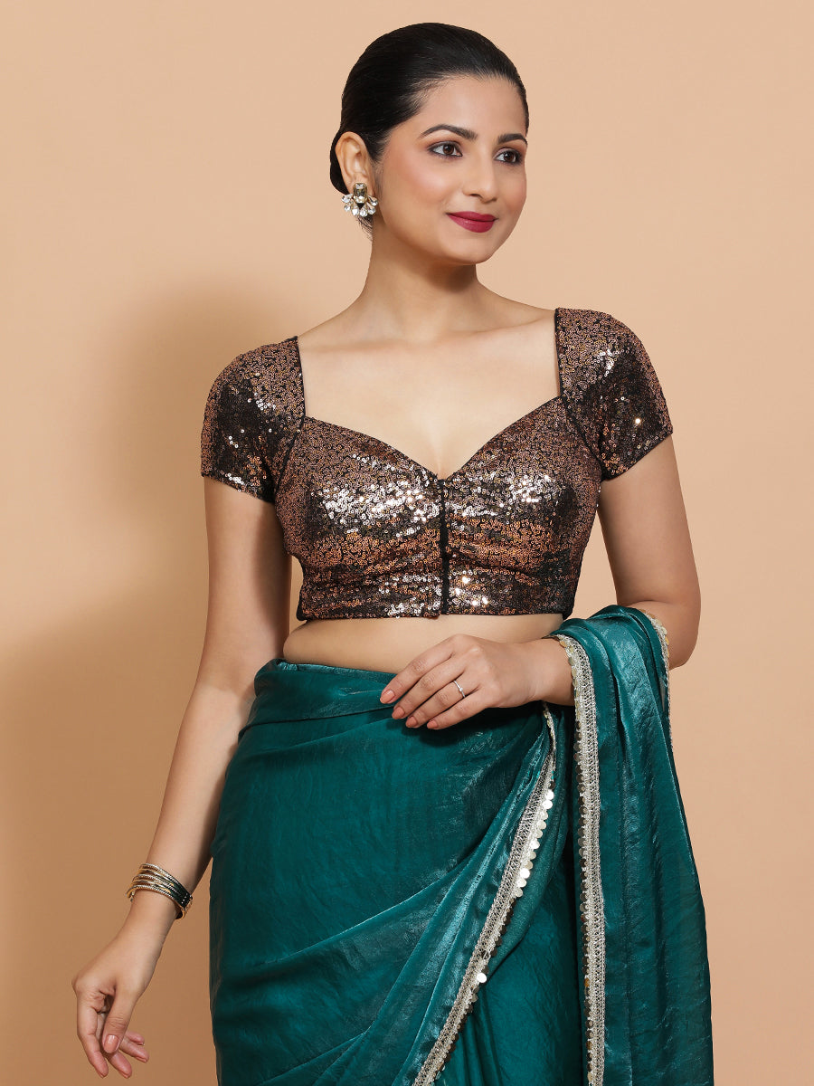 Sakshi x Tyohaar Saree Blouse, in Gold Sequin, featuring short sleeves and sweetheart neckline, made for party & festive.
