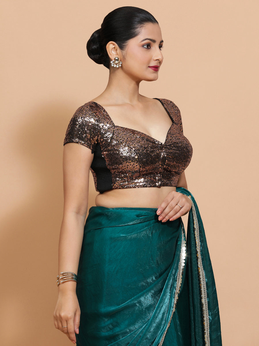 Sakshi x Tyohaar Saree Blouse, in Gold Sequin, featuring short sleeves and sweetheart neckline, made for party & festive.