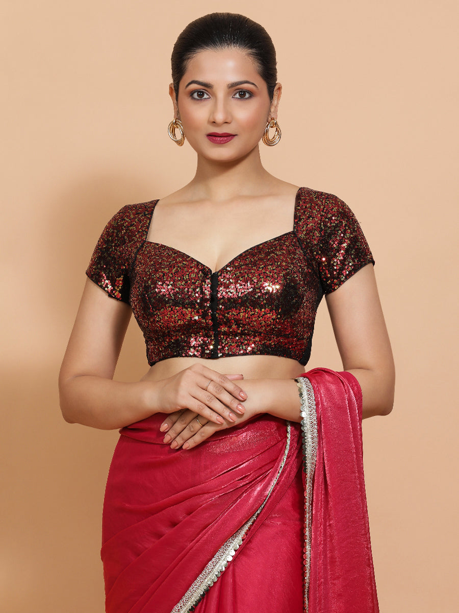 Sakshi x Tyohaar Saree Blouse, in Red Sequin, featuring short sleeves and sweetheart neckline, made for party & festive.