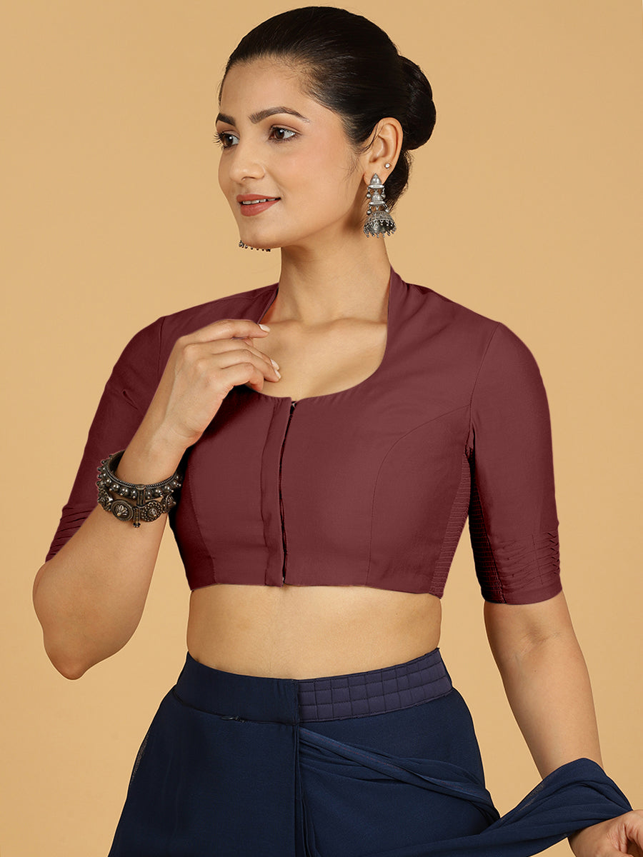 Salma x Rozaana Saree Blouse, in Maroon Viscose, featuring elbow sleeves and pot neckline, made for daily & work.