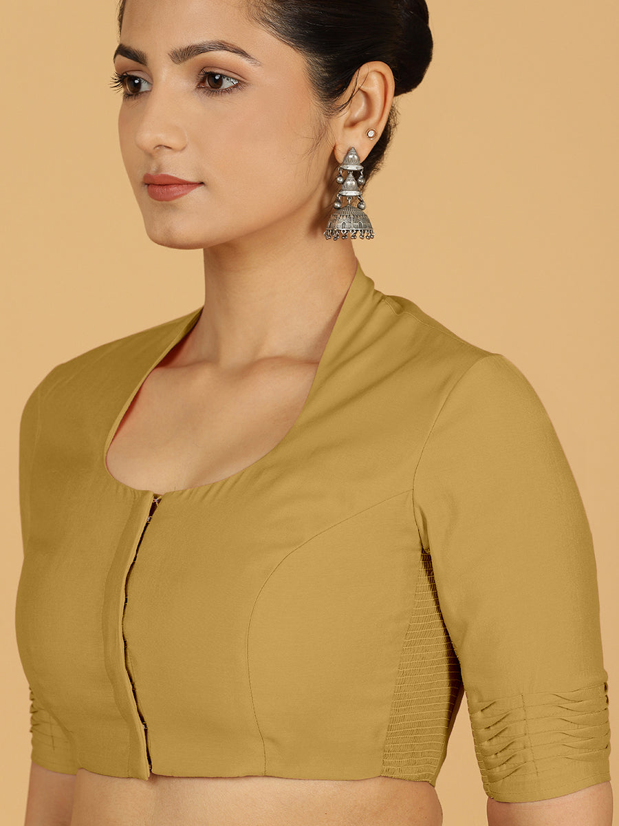 Salma x Rozaana Saree Blouse, in Yellow Viscose, featuring elbow sleeves and pot neckline, made for daily & work (view 5).