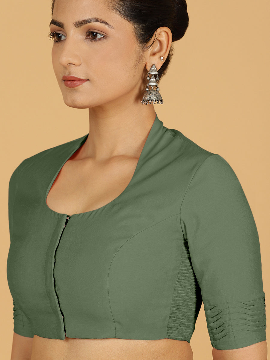 Salma x Rozaana Saree Blouse, in Green Viscose, featuring elbow sleeves and pot neckline, made for daily & work (view 5).
