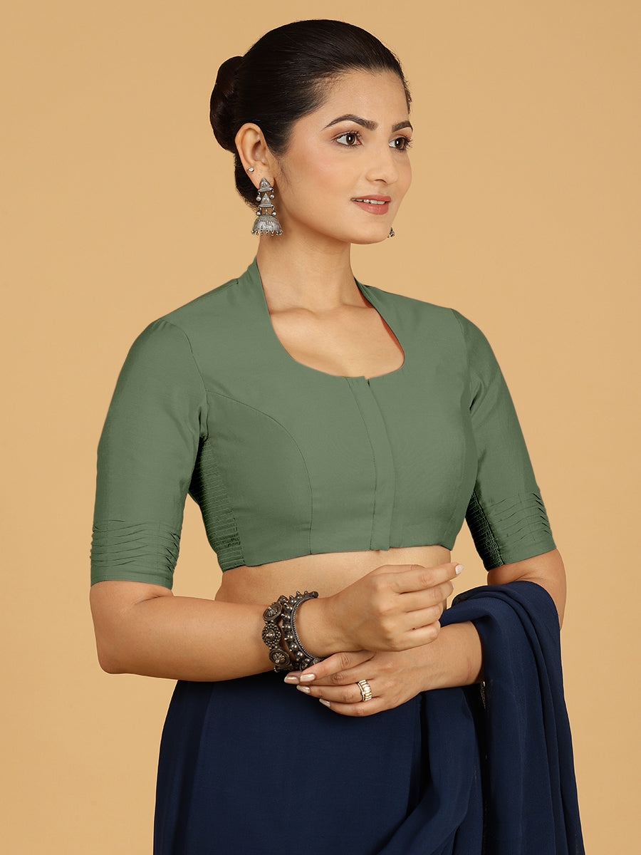 Salma x Rozaana Saree Blouse, in Green Viscose, featuring elbow sleeves and pot neckline, made for daily & work (view 7).
