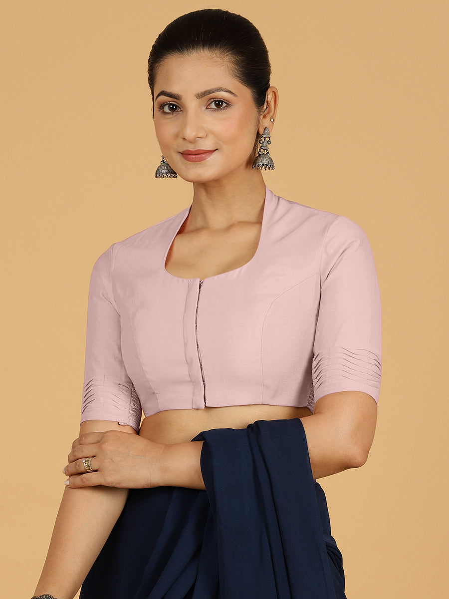 Salma x Rozaana Saree Blouse, in Pink Viscose, featuring elbow sleeves and pot neckline, made for daily & work.