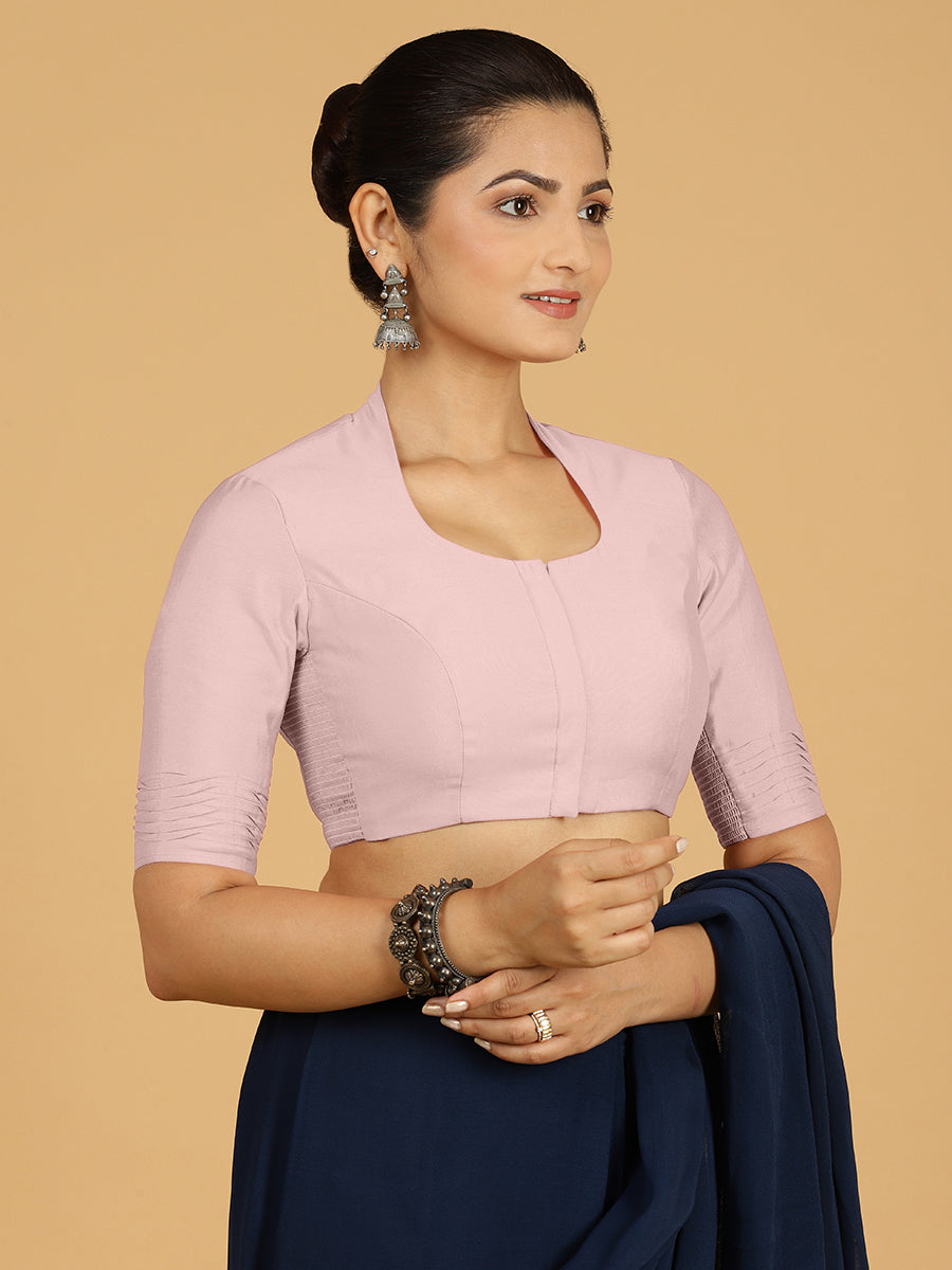 Salma x Rozaana Saree Blouse, in Pink Viscose, featuring elbow sleeves and pot neckline, made for daily & work (view 7).