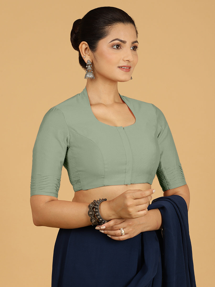 Salma x Rozaana Saree Blouse, in Green Viscose, featuring elbow sleeves and pot neckline, made for daily & work (view 6).